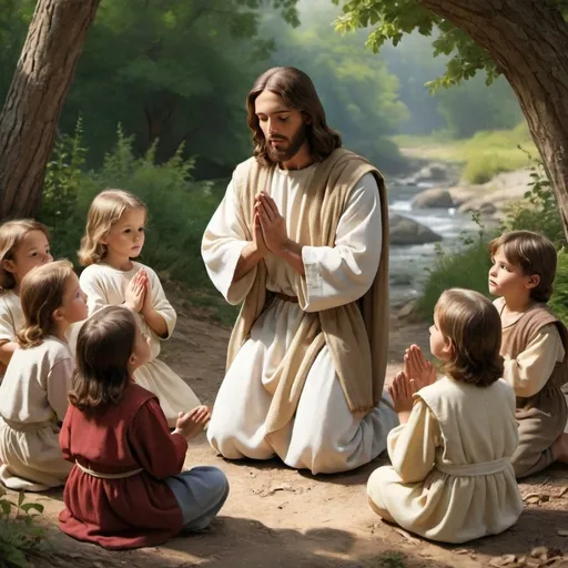 Prompt: Jesus  teaching children how to pray in nature