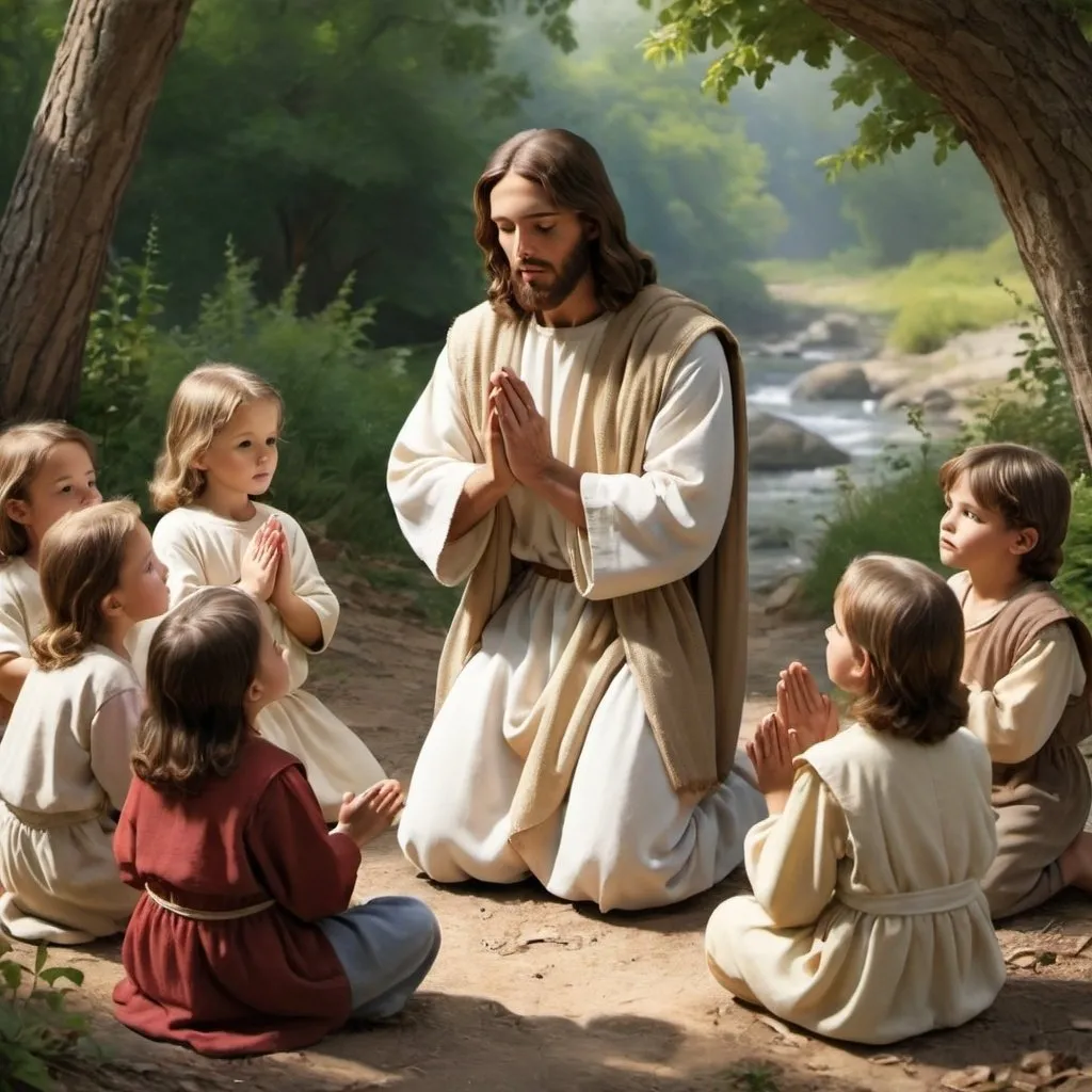 Prompt: Jesus  teaching children how to pray in nature