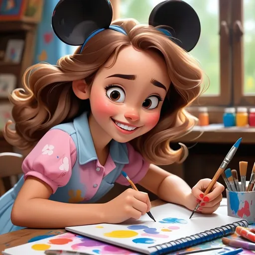 Prompt: Disney style happy girl painting a picture on her notebook