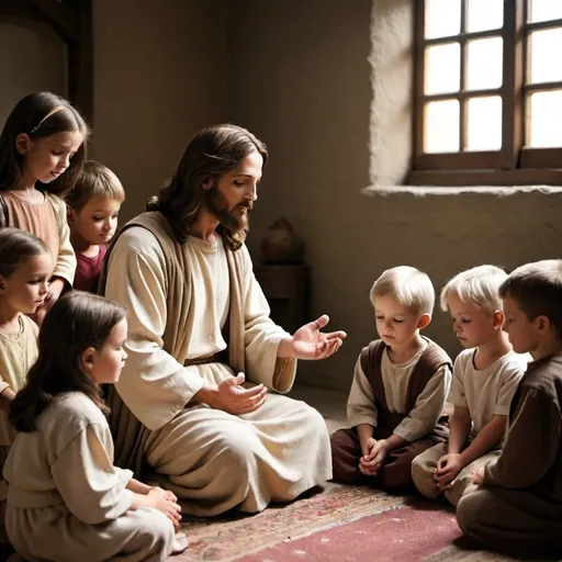 Prompt: Jesus  teaching children how to pray 