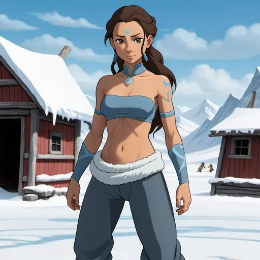 Prompt: katara waterbending with no shirt on full body in the north pole wearing warm pants