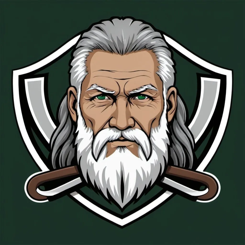 Prompt: Create a team's jersey logo. 
The logo is an elder warrior, hockey style. 
The color tone is in white, dark green #154734, brown, black. #DDCBA4
The elder has long silver hair and beard.
