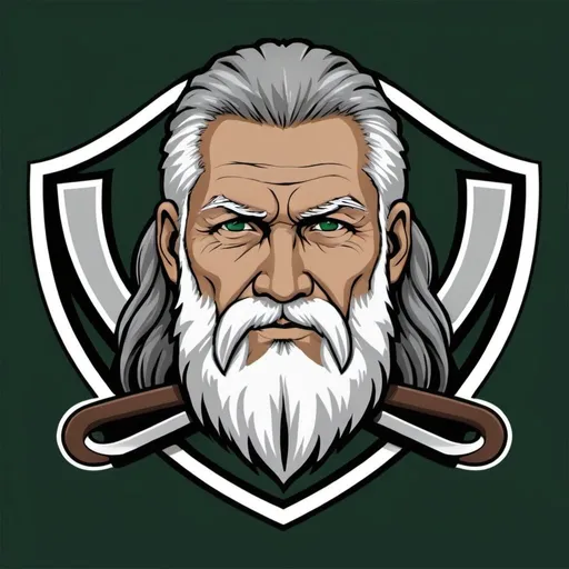 Prompt: Create a team's jersey logo. 
The logo is an elder warrior, hockey style. 
The color tone is in white, dark green #154734, brown, black. #DDCBA4
The elder has long silver hair and beard.
