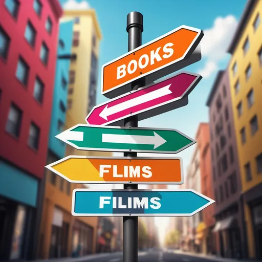 Prompt: street sign arrows (illustrative design), one pointing towards "films", the other towards "books", colorful directional signs, modern aesthetic, urban background with hints of a cityscape, vibrant colors, attention to detail, dynamic composition, high quality, engaging and inviting atmosphere.