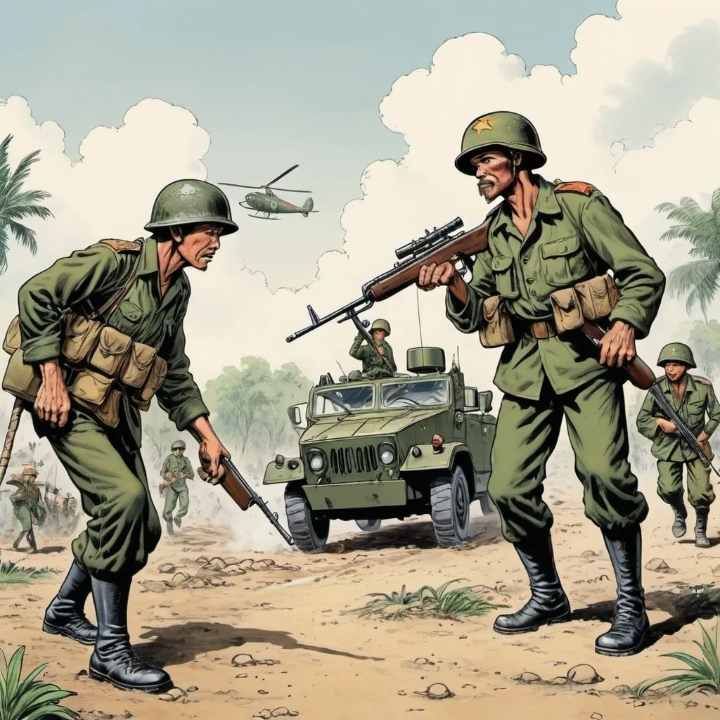 Prompt: genérame imágenes de comic de la guerra de vietnam con un tamaño de 12 cm de la largo por 10 cm de alto 