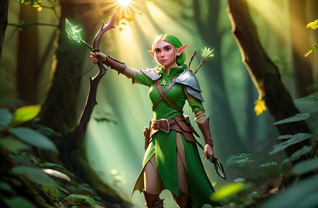 Prompt: Elf ranger in a mystical forest around sunlight