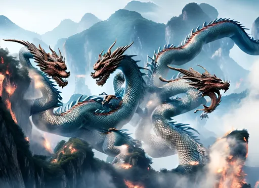 Prompt: Dragons fighting,one dragon is falling to the ground,mountainous terrain,fire all around,Chinese painting style