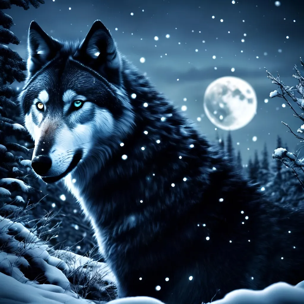 Prompt: moon wolf,at night,snowing,blue eyes,with other wolves,in a deep forest,realistic,show whole body,bloodlust in eyes,blood on mouth,dead human near,knife stuck in the ground 