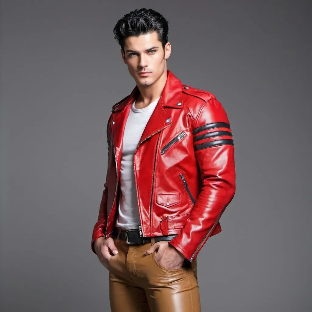 Prompt: Red shiny Leather biker jacket school uniform gray pants young black hair muscle blond men
Gray background 