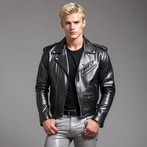 Prompt: Black shiny Leather biker jacket school uniform gray pants young muscle blond men
Gray background 