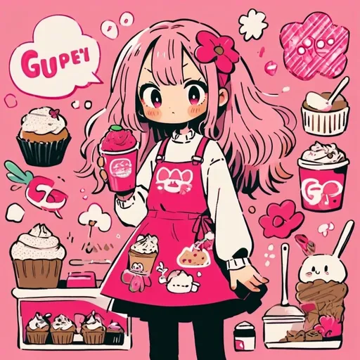 Prompt: Cute girl, maid, apron, flowers, window,  cupcake and cuptea, strawberry, white kitchen background, long pink hair