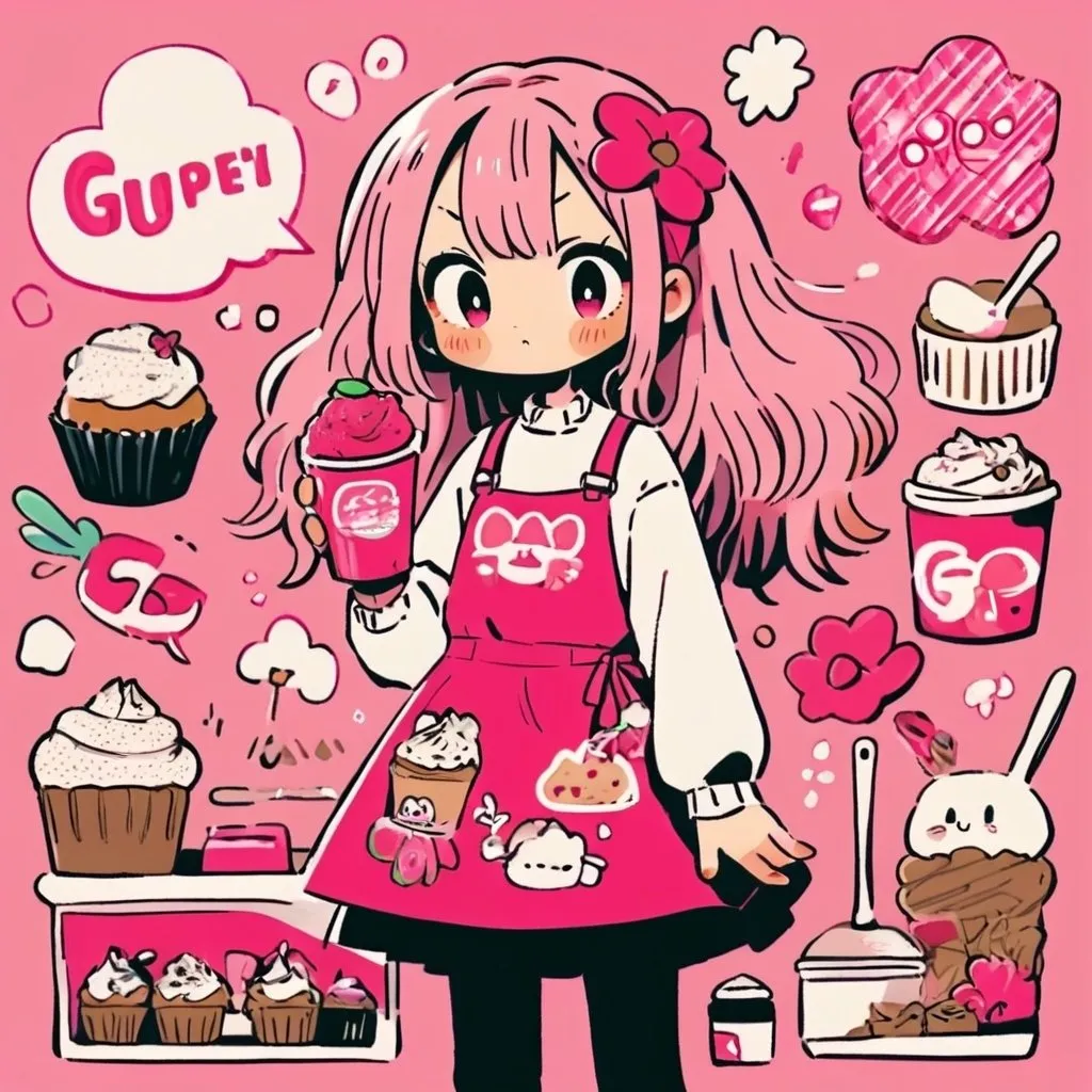 Prompt: Cute girl, maid, apron, flowers, window,  cupcake and cuptea, strawberry, white kitchen background, long pink hair