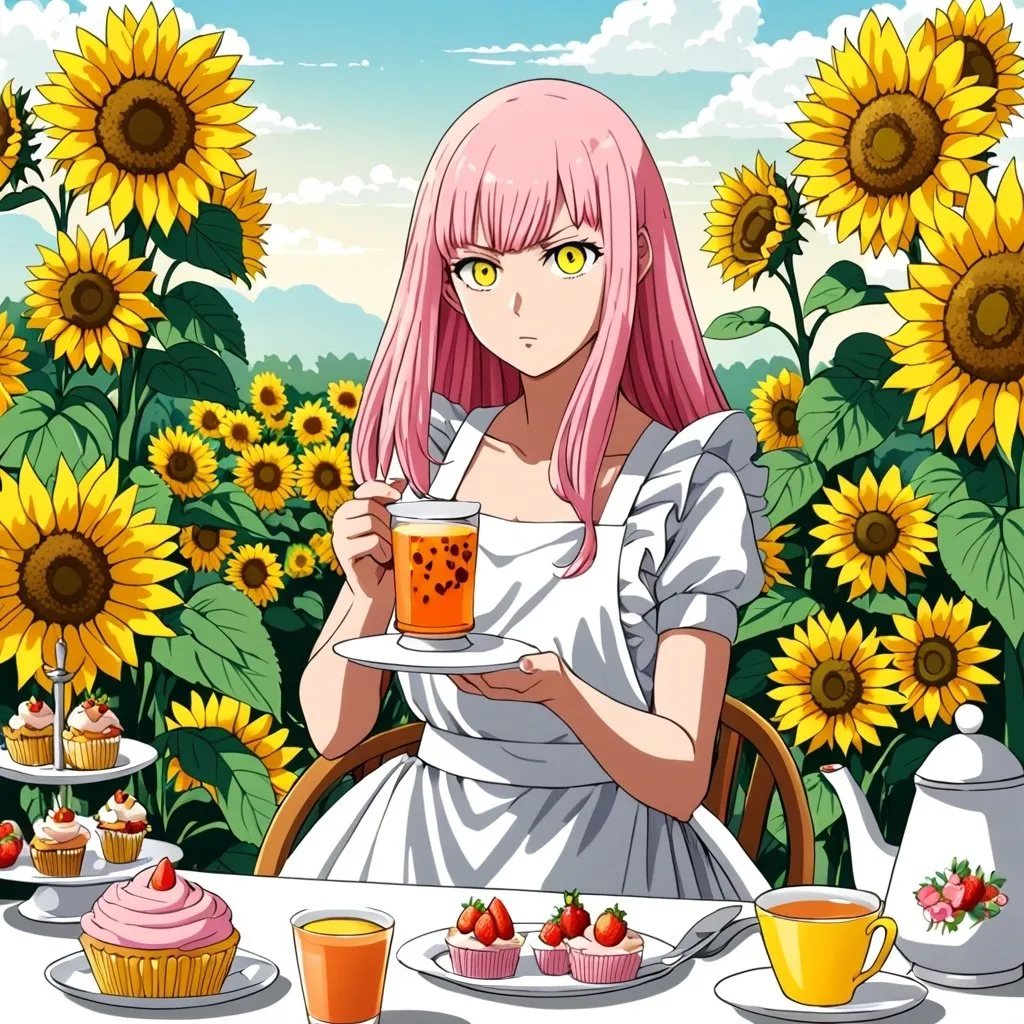 Prompt: One Punch Man style art , a beautiful girl with pink long hair in the white apron , strawberry cupcake , lemon tea , sunflowers around ,royal garden background