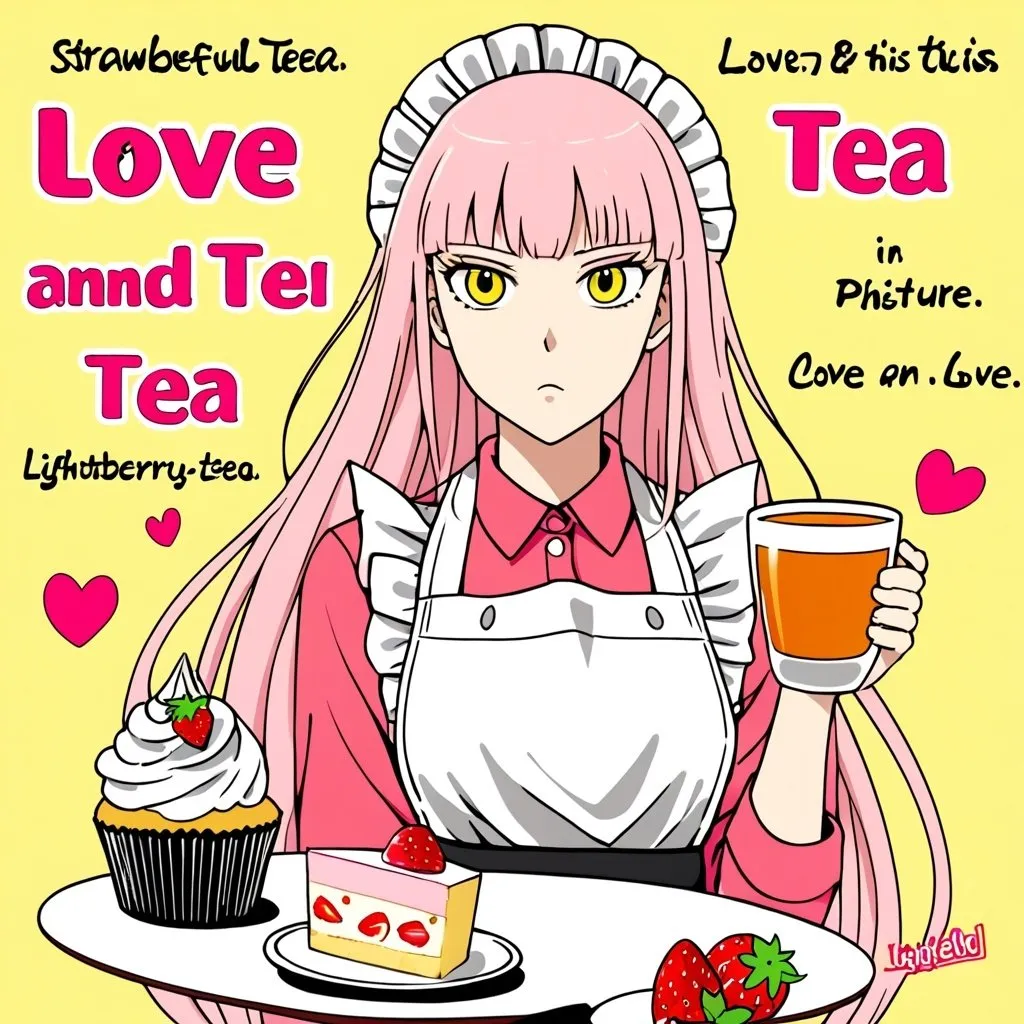 Prompt: One Punch Man style art , a beautiful girl with white pink long hair in the white black apron , strawberry cupcake , lemon tea , lightyellow color background , text : Love and Tea in this picture