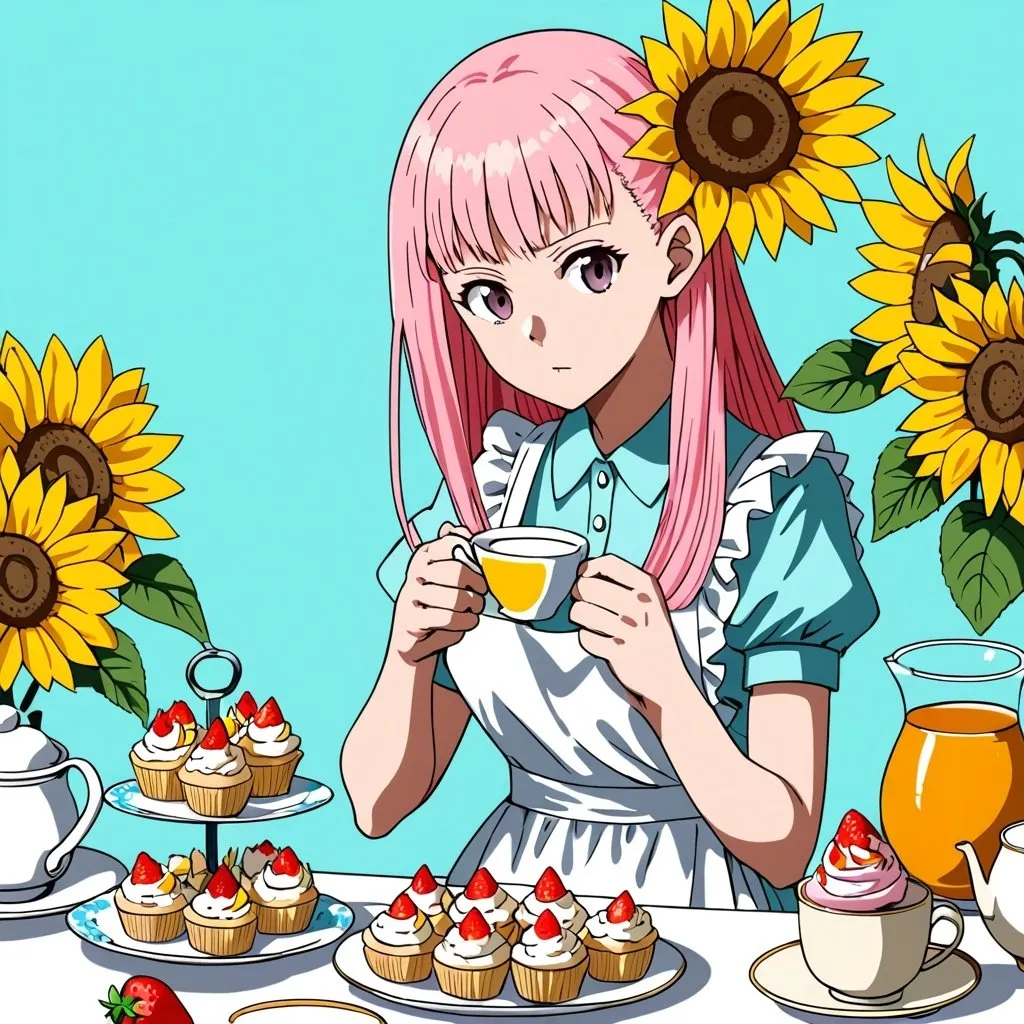 Prompt: One Punch Man style art , a beautiful girl with pink long hair in the white apron , strawberry cupcake , lemon tea , sunflowers around , lightblue color background 