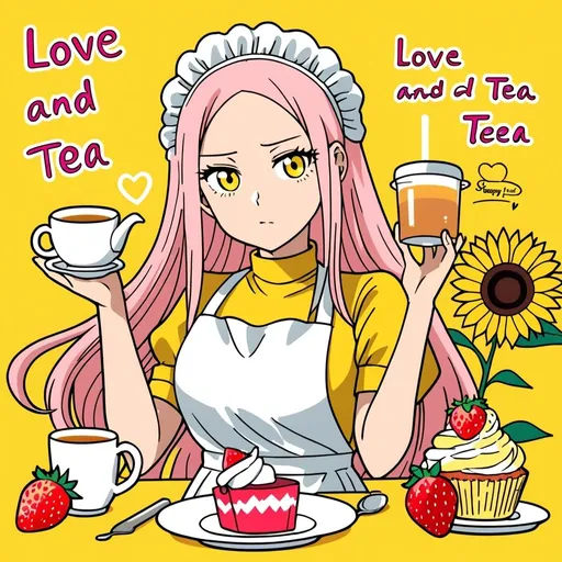 Prompt: One Punch Man style art , a beautiful girl with white pink long hair in the white black apron , strawberry cupcake , lemon tea , sunflower around , yellow color background , text : Love and Tea 