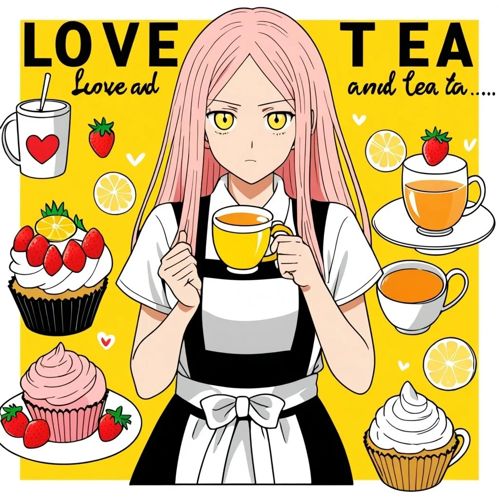 Prompt: One Punch Man style art , a beautiful girl with white pink long hair in the white black apron , strawberry cupcake , lemon tea , sunflower around , yellow color background , text : Love and Tea 