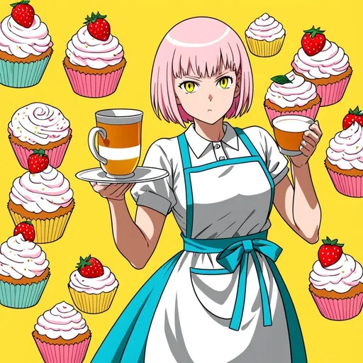 Prompt: One Punch Man style art , a beautiful girl with white pink hair in the apron , strawberry cupcake around , lemon tea , lightblue , yellow color background 