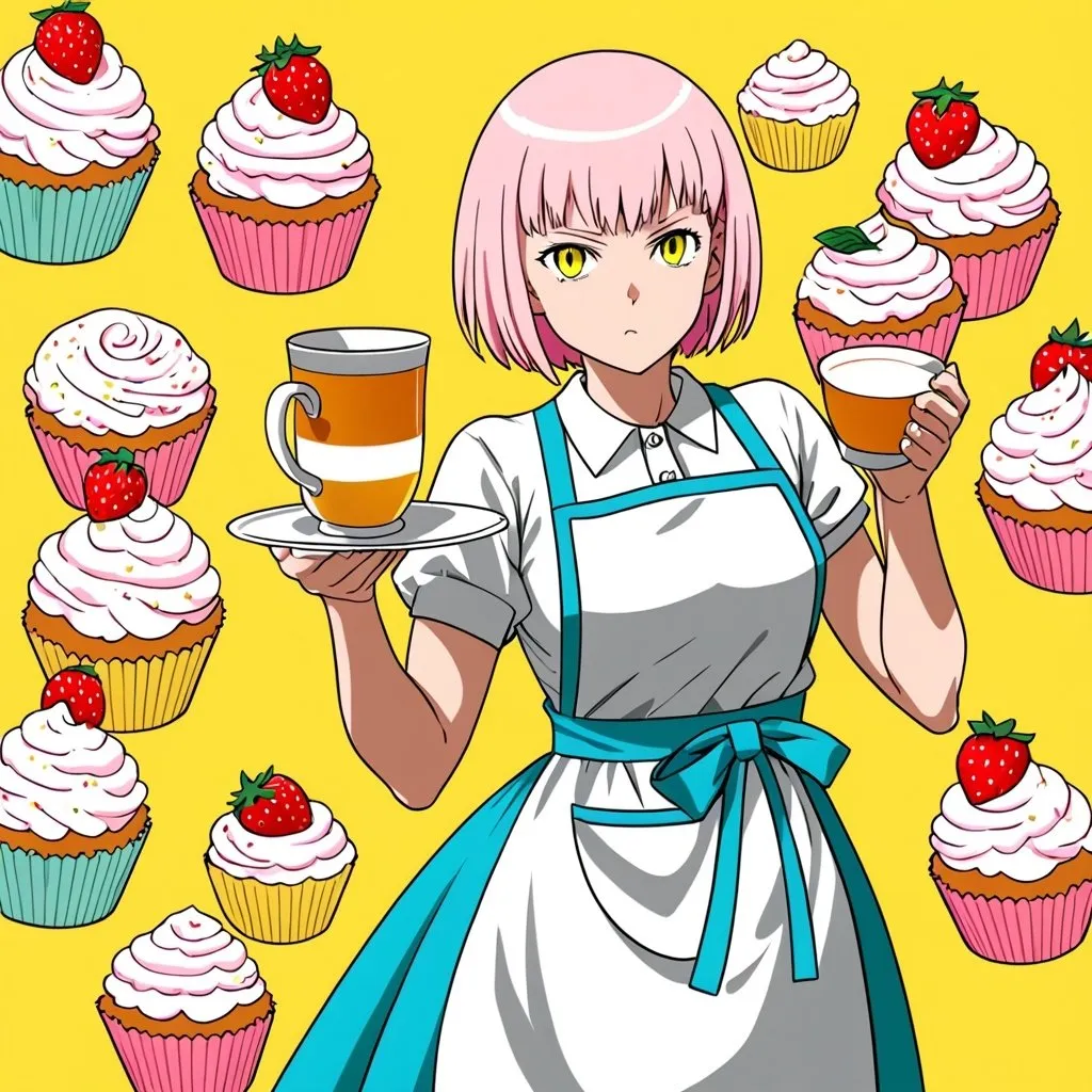 Prompt: One Punch Man style art , a beautiful girl with white pink hair in the apron , strawberry cupcake around , lemon tea , lightblue , yellow color background 