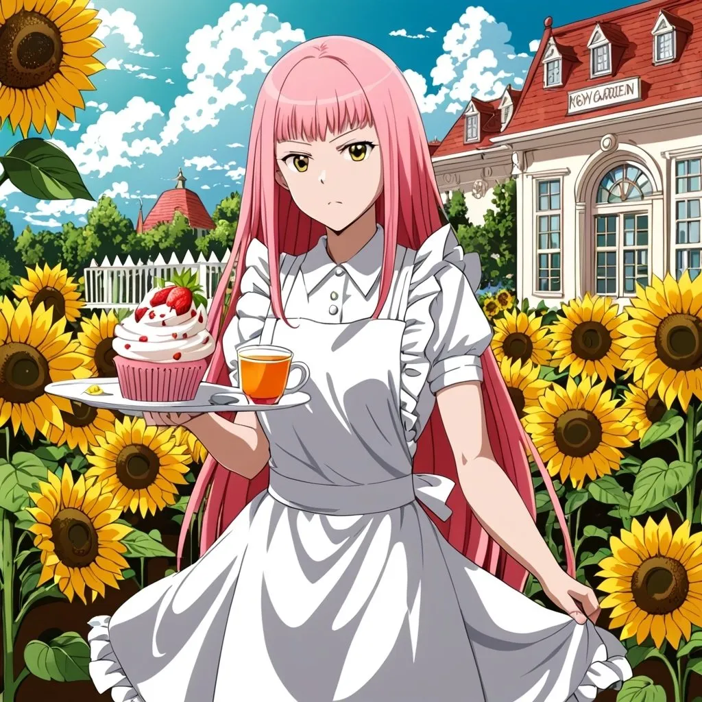 Prompt: One Punch Man style art , a beautiful girl with pink long hair in the white apron , strawberry cupcake , lemon tea , sunflowers around ,royal garden background