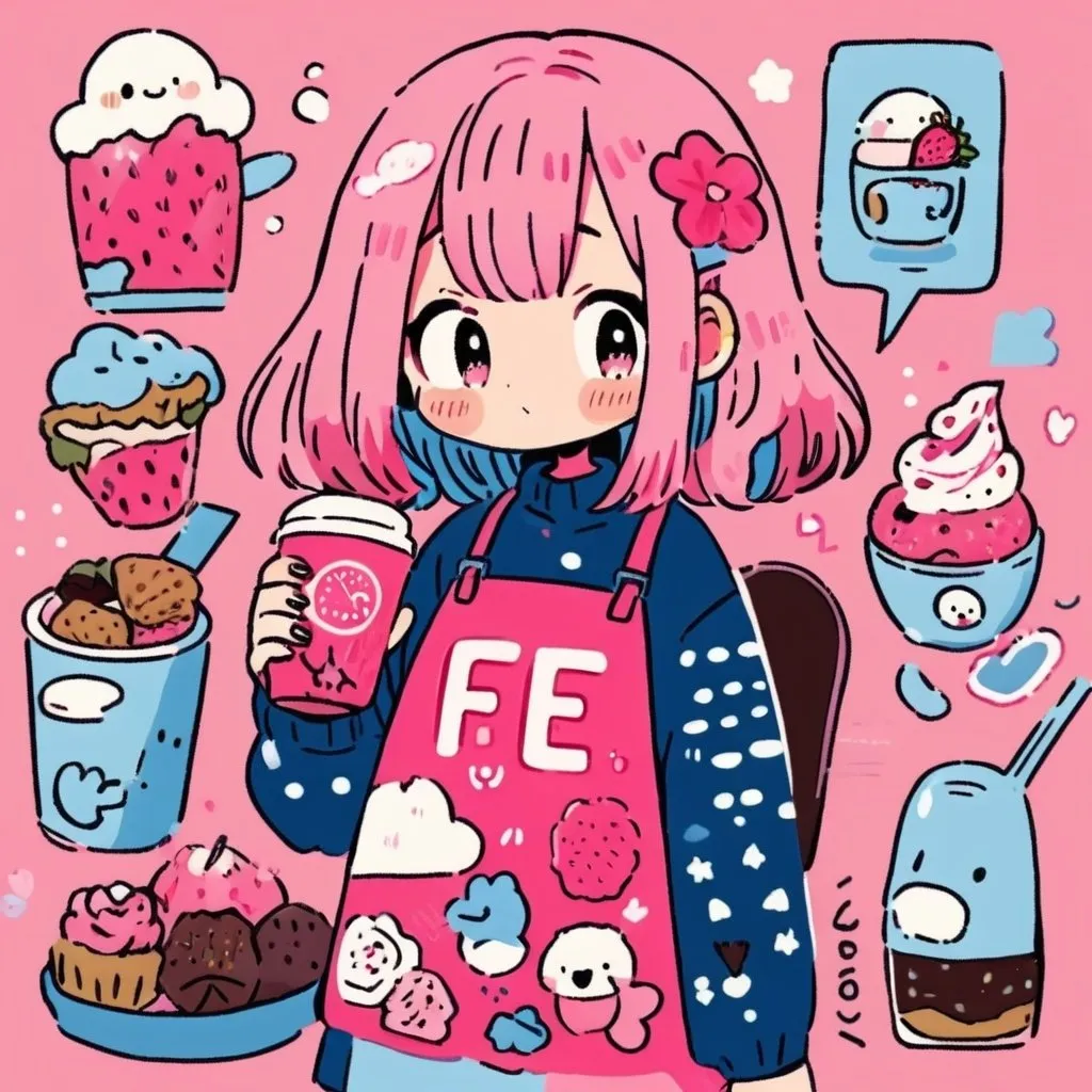 Prompt: Cute girl with long pink hair,flowers apron , cupcake and cup of tea, strawberry around , lightblue with cloudy background 