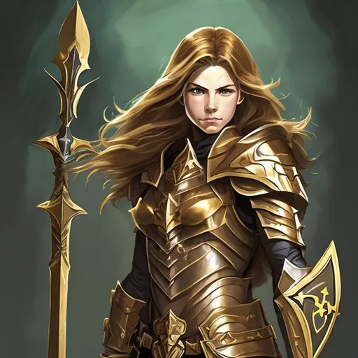 Prompt: Female paladin, wearing gold half plate armor with cross symbol, brown hair, white skin, green eyes, holding a trident on the right hand, ( trident is simple wooden shaft with three pointy metal silver edges on the top), holding on the left hand a shield, fantasy art, d&d character, Adam Hughes style 