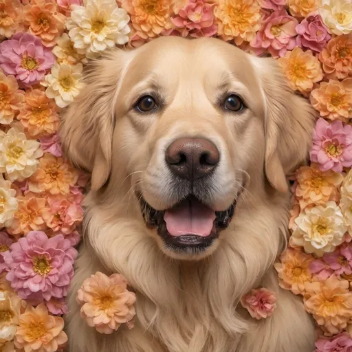 Prompt: Create a photo showing a Cute Golden Retriever dog made of flowers, high-definition, realistic, fine art, flower petal fur, vibrant colors, detailed petals, adorable expression, floral sculpture, spring vibes, natural lighting, high quality, detailed photo, artistic, petal art, floral dog, HD, realistic, fine art, vibrant colors, detailed petals, adorable expression, spring vibes, natural lighting