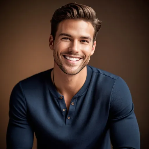 Prompt: Create a realistic full-body portrait of a male model with a genuine, bright smile. Focus on facial details, soft and warm lighting, and experiment with skin tones and hair. Ensure a balanced composition that conveys joy. Include subtle, complementary background elements