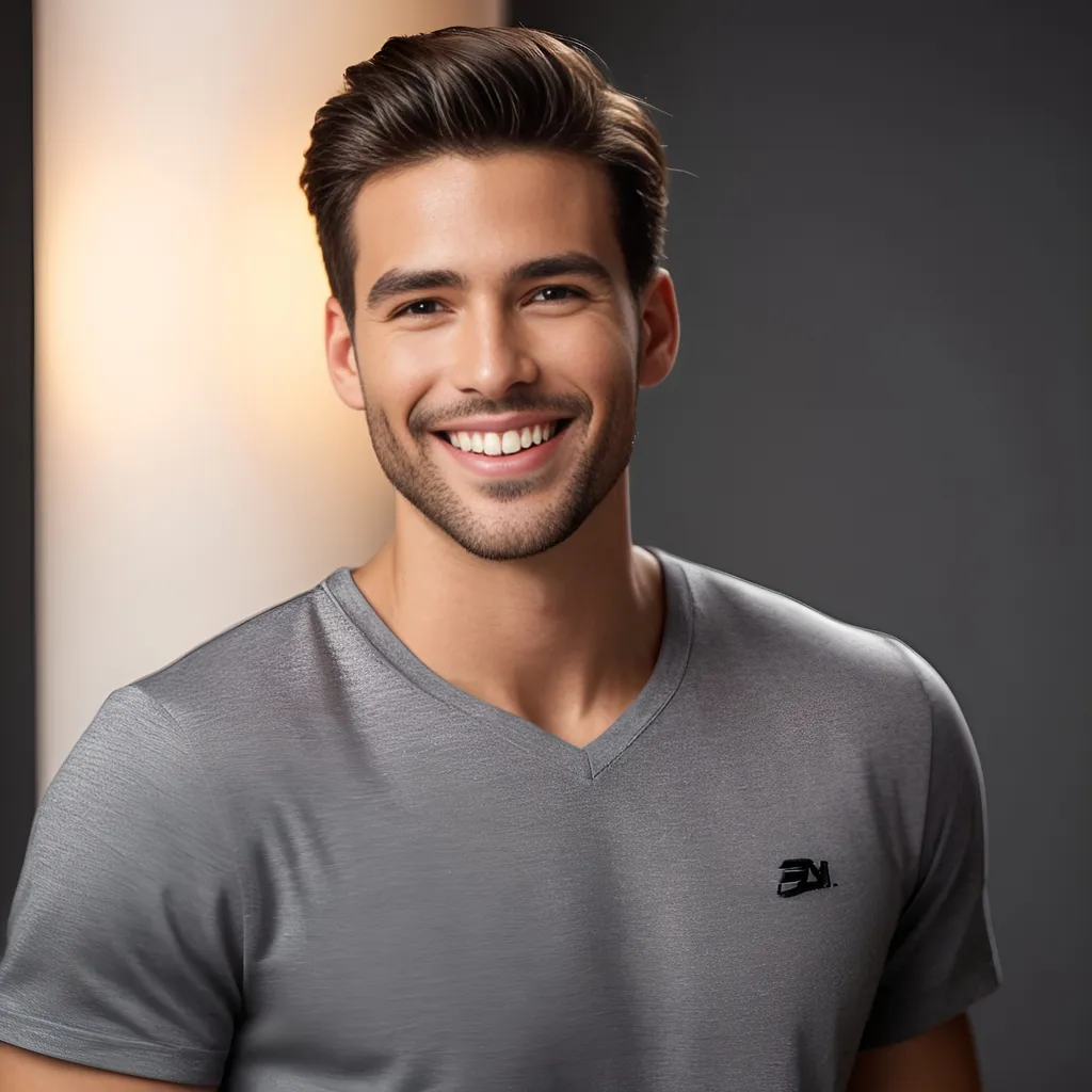 Prompt: Create a realistic full body portrait of a male model with a genuine, bright smile. Focus on facial details, soft and warm lighting, and experiment with skin tones and hair.