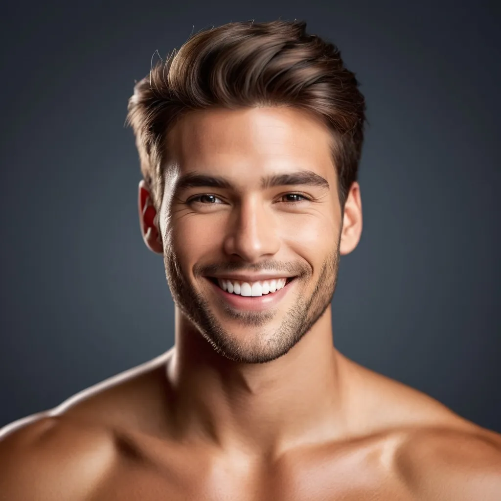 Prompt: Create a realistic full-body portrait of a male model with a genuine, bright smile. Focus on facial details, soft and warm lighting, and experiment with skin tones and hair.