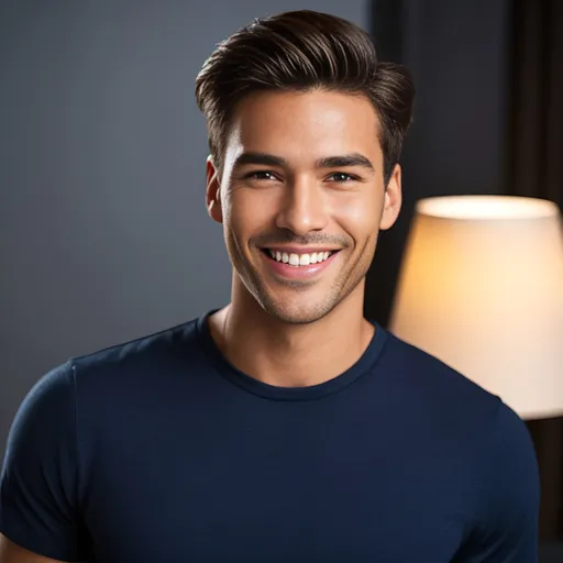 Prompt: Create a realistic full-body portrait of a male model with a genuine, bright smile. Focus on facial details, soft and warm lighting, and experiment with skin tones and hair.