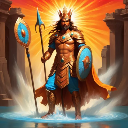 Prompt: (A majestic king with a shield), surrounded by (blessings of the sun), radiating warmth, (vivid colors) uplift the scene, (mystical aura), reflecting his journey from (struggles to triumph). Exuding confidence, he now stands as the "greatest warrior." A (vibrant background) of hot water symbolizes challenges past, while (friends encircle him) in celebration of his crowning glory. (Cinematic composition), ethereal lighting, (4K, ultra-detailed) visuals enhance the storytelling.