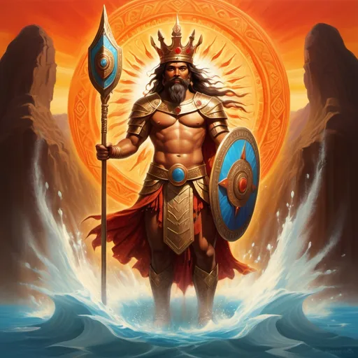 Prompt: (A majestic king with a shield), surrounded by (blessings of the sun), radiating warmth, (vivid colors) uplift the scene, (mystical aura), reflecting his journey from (struggles to triumph). Exuding confidence, he now stands as the "greatest warrior." A (vibrant background) of hot water symbolizes challenges past, while (friends encircle him) in celebration of his crowning glory. (Cinematic composition), ethereal lighting, (4K, ultra-detailed) visuals enhance the storytelling.