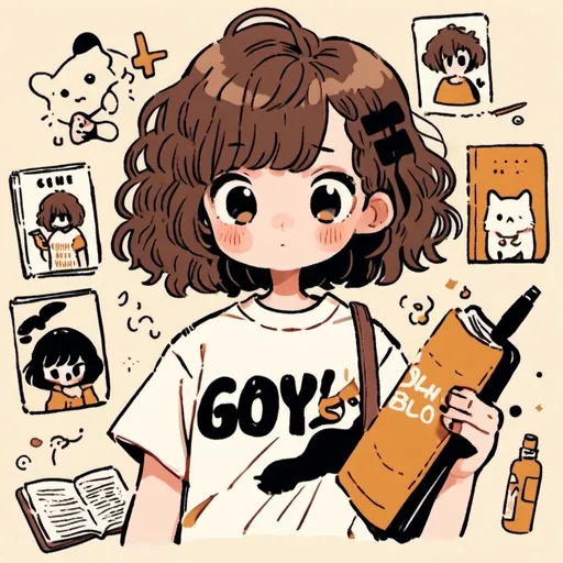 Prompt: a beautiful girl with black eyes, brown curly hair and white shirt, masterpiece, high quality detailed. she is reading a book and holding a pen. 