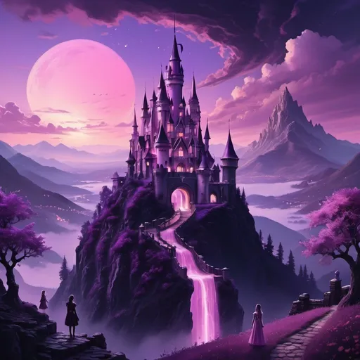 Prompt: Fantasy landscape, dark aesthetic, magic castle, hills, purple and pink sky, fairies and magical creatures