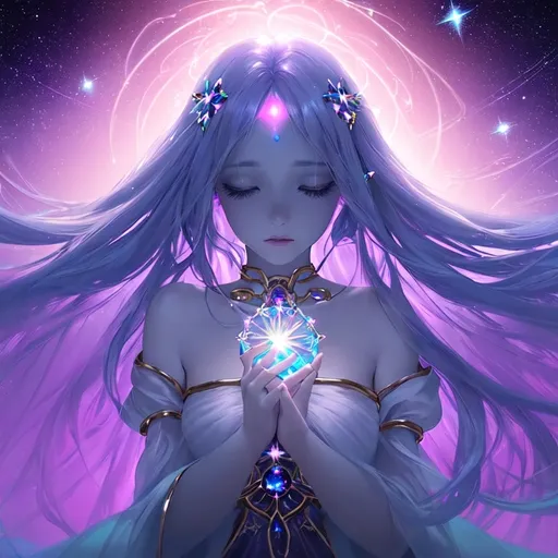 Prompt: A very beauifull woman surrounded by an ethereal explosion of stars, floating planets, and cosmic splashes of color. Her gaze is dreamy and reflective looking to camera, as if lost in a moment of wonder, with her lips slightly parted as she gently holds a planet between her fingers. The planets reflect a kaleidoscope of colors—deep blues, vibrant oranges, soft pinks, and glowing whites—creating a magical, otherworldly atmosphere. her eyes are open and looking to camera

Her long golden  hair flows around her, intertwined with neon streaks of purple and blue, blending seamlessly with the cosmic backdrop. Sparkling details, resembling stars or scattered paint, adorn her face and surroundings, enhancing the sense of weightlessness and dreamlike immersion.

The composition is a stunning fusion of realism and fantasy, capturing the feeling of being suspended in a colorful, floating world. Themes of imagination, curiosity, and serenity radiate from the artwork, making it a visually enchanting and deeply emotive piece.