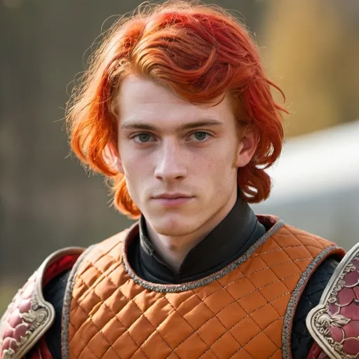 Prompt: A young man in orange and red quilted armor with red wiley hair 