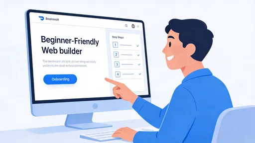 Prompt: A beginner-friendly web builder onboarding screen shown on a desktop monitor. A simple step-by-step checklist is visible on the right side. A smiling person sits at a desk pointing at the screen. Clean, minimal tech illustration style with soft blues and whites.