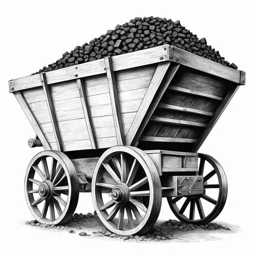 Prompt: coal mine cart, line drawing, black and white, white background