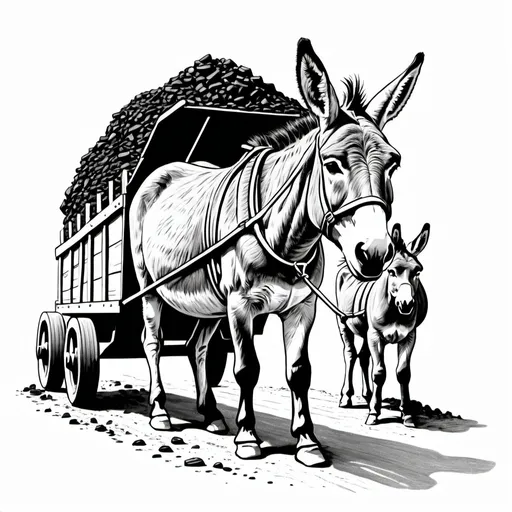 Prompt: Donkey pulling coal mine cart, line drawing, black and white, white background