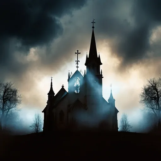 Prompt: (ominous) cloudy background, distant church silhouette, moody ambiance, ethereal mist, creeping shadows, dramatic lighting, high depth, cinematic feel, subtle highlights on the text, intriguing contrast of dark and light elements, (HD) ultra-detailed atmosphere, enchanting intrigue.