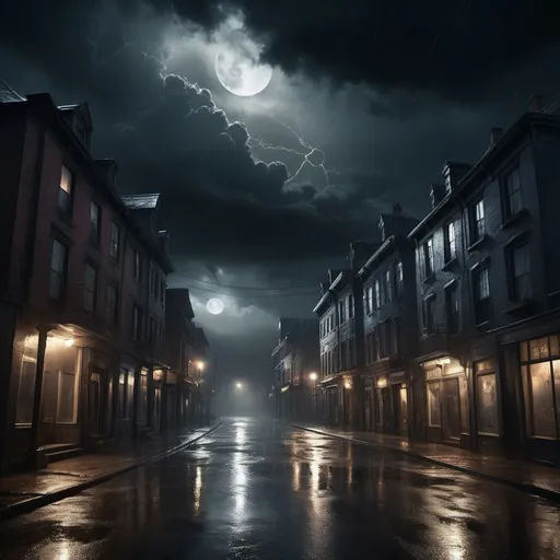 Prompt: (ominous town), glowing moon radiating eerie light, swirling smoke and mirrors, deep dark shadows lurking, tumultuous dark clouds, light rain falling softly, scattered lightning strikes illuminating the scene, atmosphere thick with mystery and foreboding, high contrast between light and shadow, captivating and dramatic composition, (ultra-detailed), cinematic quality.