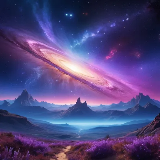 Prompt: (galaxy with earth in the distance), (bright stars sparkling), vibrant colors, deep blues blended with radiant purples and lilacs and vivid pinks, dramatic cosmic dust swirling, ethereal atmosphere, capturing the majestic beauty of the universe, captivating interstellar scene, high detail, ultra-detailed, 4K, mesmerizing starry background, enchanting celestial vista.