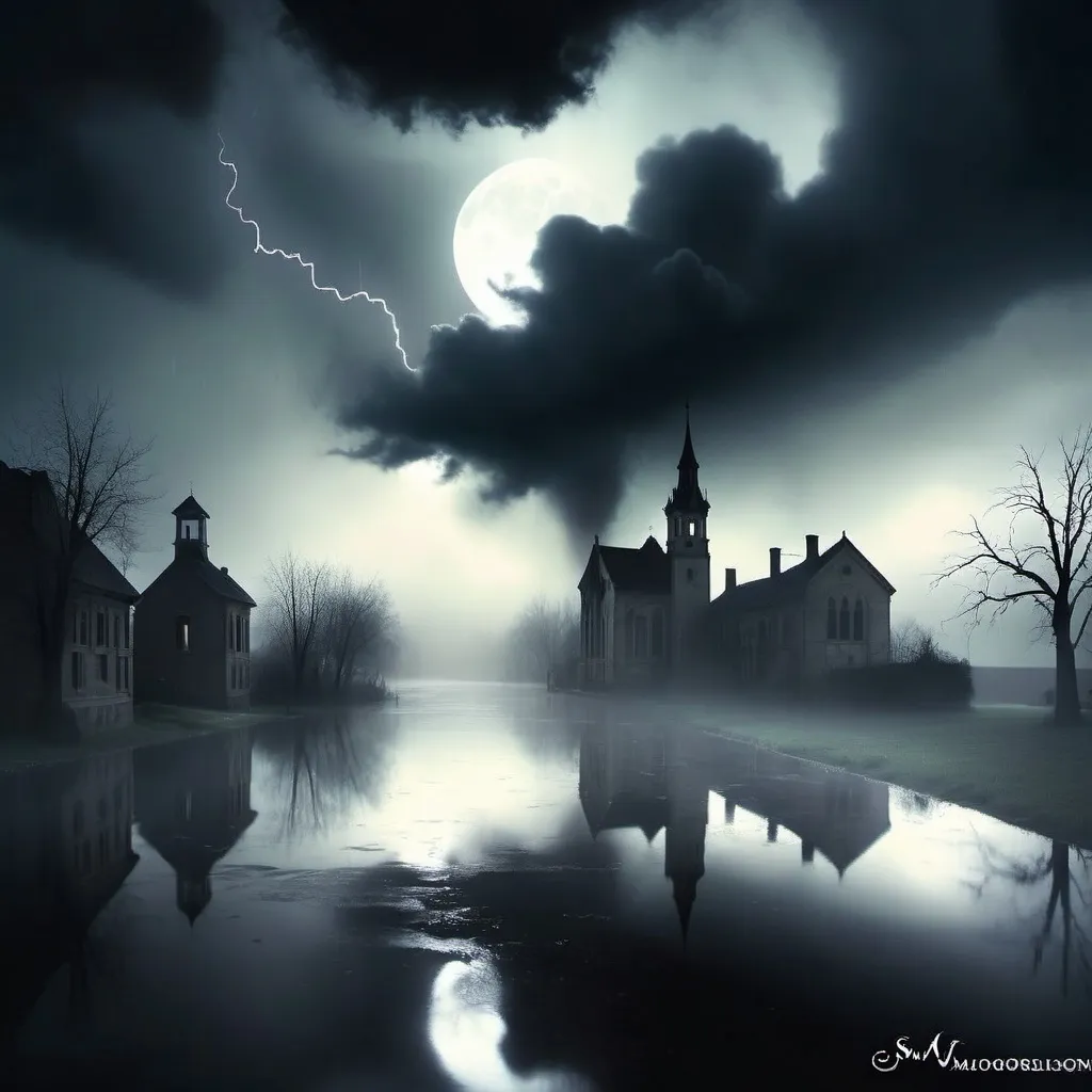 Prompt: (ominous town), glowing moon radiating eerie light, swirling smoke and mirrors, deep dark shadows lurking, tumultuous dark clouds, light rain falling softly, scattered lightning strikes illuminating the scene, atmosphere thick with mystery and foreboding, high contrast between light and shadow, captivating and dramatic composition, (ultra-detailed), cinematic quality.