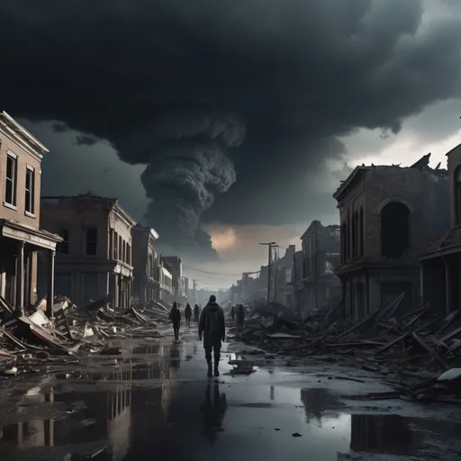 Prompt: survivors gathered in mass, (catastrophic event aftermath), surrounding town in ruins, dark atmosphere, (ominous) dark clouds loom overhead, chilling winds, scattered debris underfoot, expressions of despair and resilience, a haunting silence envelops, gritty details of destruction, (highly detailed) cinematic shadows, muted colors, (4K) imagery, a sense of hope amidst despair.