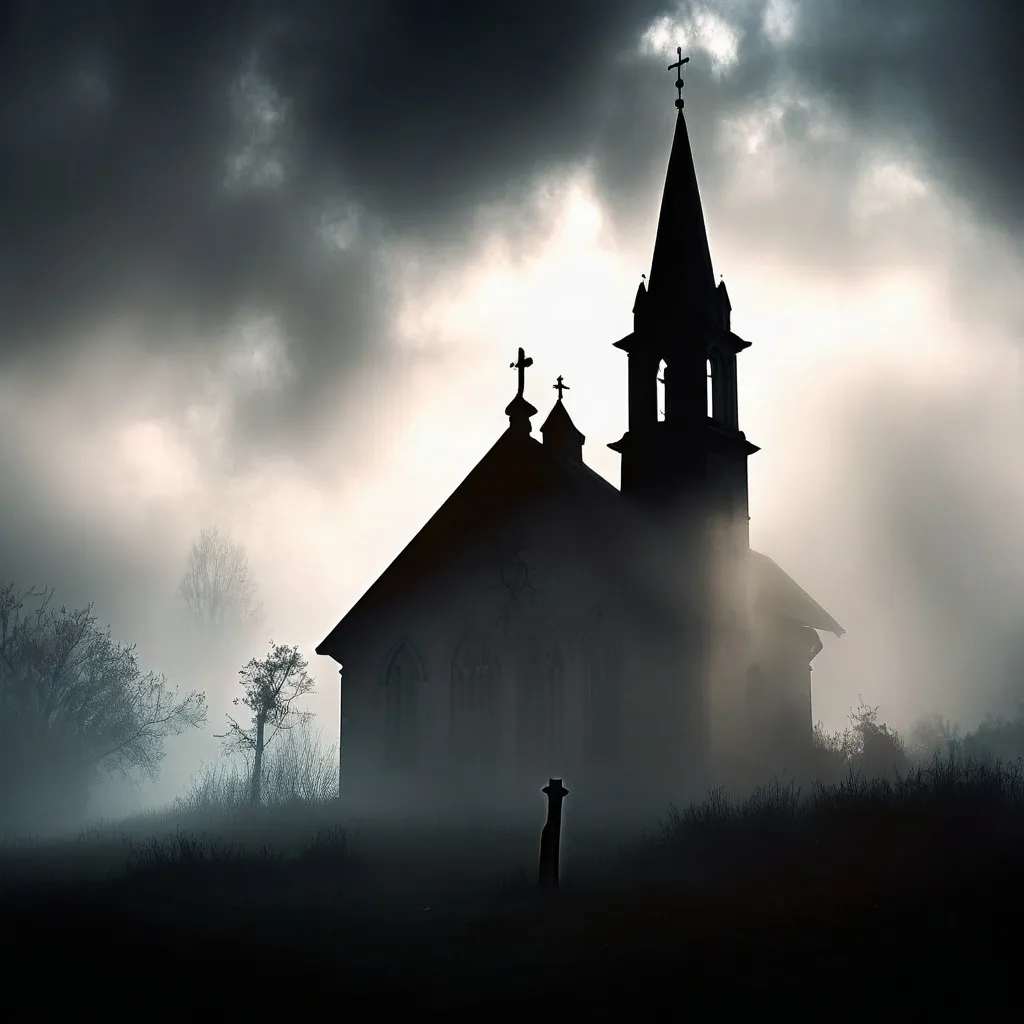 Prompt: (ominous) cloudy background, distant church silhouette, ethereal mist, creeping shadows, dramatic lighting, atmospheric depth, (HD) ultra-detailed, cinematic feel, moody ambiance, enchanting intrigue, compelling contrast of dark and light elements, subtle highlights on the text, enveloped in mystery, visually striking composition, captivating visual narrative.