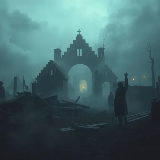 Prompt: (mystical scene) smoke and mirrors, village ruins, remnants of battle, eerie atmosphere, dramatic shadows, scattered debris, haunting echoes of conflict, muted colors with grey and sepia tones, cool lighting with low visibility, hints of distant lights, emotional tension in the air, ultra-detailed, cinematic depth, evokes feeling of loss and mystery.