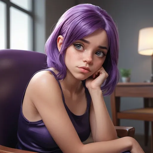 Prompt: a cartoon girl with purple hair sitting on a chair with her hand on her chin and looking at the camera, Artgerm, photorealism, cgstudio, a 3D render