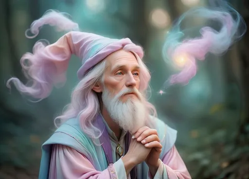 Prompt: Dreamy pastel portrait, wizard, ethereal atmosphere, soft focus