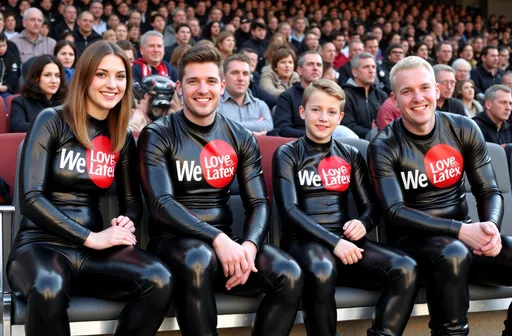 Prompt: eine deutsche Familie,alle stecken in Ganzanzügen aus schwarzem glanz Latex mit aufdruck "We love Latex",alle tragen Gummistiefel,sie sitzen in einem vollen Stadion